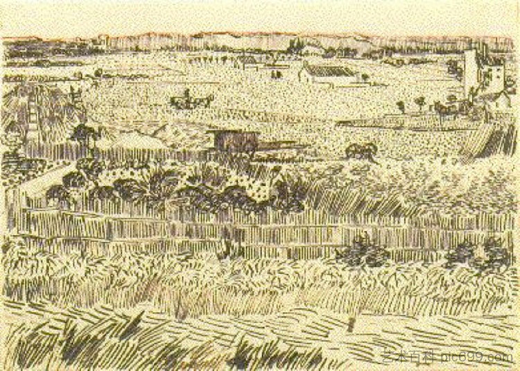 收获景观 Harvest Landscape (1888; Arles,Bouches-du-Rhône,France  )，文森特·梵高