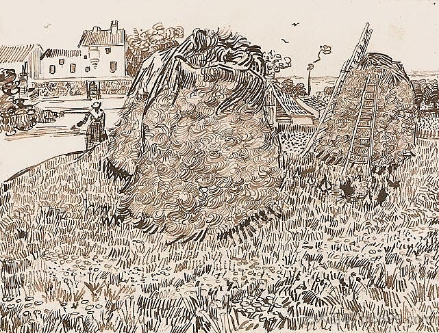 农场附近的干草堆 Haystacks near a Farm (1888; Arles,Bouches-du-Rhône,France  )，文森特·梵高