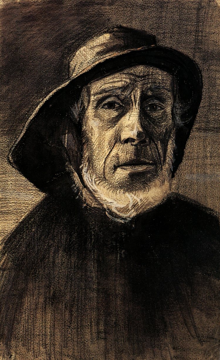 一个留着刘海和西南风的渔夫头像 Head of a Fisherman with a Fringe of Beard and a Sou'wester (c.1883; Haag / Den Haag / La Haye / The Hague,Netherlands  )，文森特·梵高