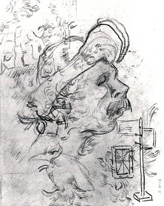 戴帽子的男人的头像，透视框架和其他草图 Head of a Man with a Hat, a Perspective Frame, and Other Sketches (1890; Auvers-sur-oise,France                     )，文森特·梵高