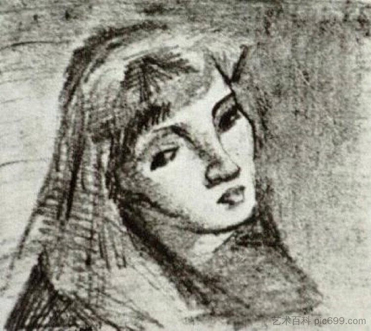 头发松散的女人的头 Head of a Woman with Her Hair Loose (1886; Antwerp,Belgium  )，文森特·梵高