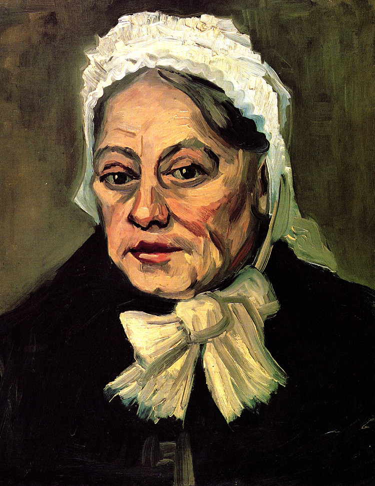 头戴白帽的老妇人接生婆 Head of an Old Woman with White Cap The Midwife (1885; Antwerp,Belgium  )，文森特·梵高