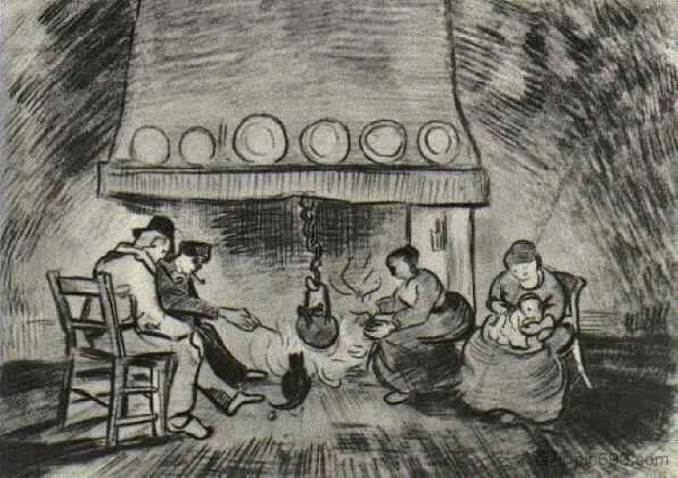 炉边有人物的农场内部 Interior of a Farm with Figures at the Fireside (1890; Saint-rémy-de-provence,France  )，文森特·梵高