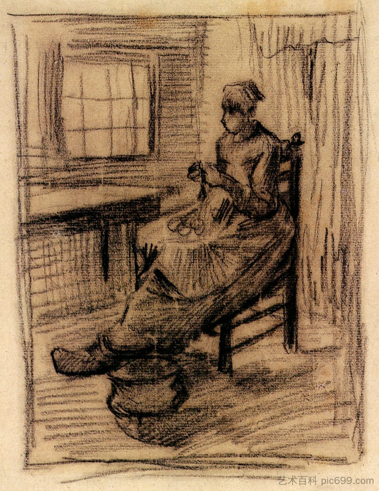 农妇削土豆的内景 Interior with Peasant Woman Peeling Potatoes (1885; Nunen / Nuenen,Netherlands  )，文森特·梵高