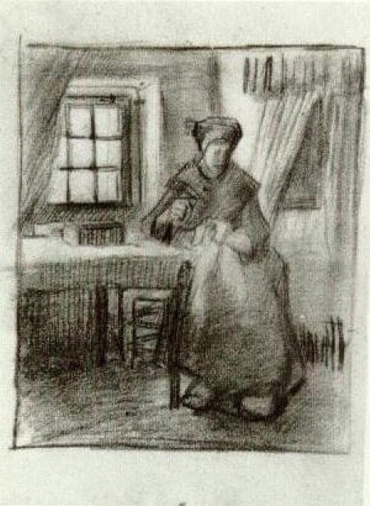 室内有农妇缝纫 Interior with Peasant Woman Sewing (1885; Nunen / Nuenen,Netherlands  )，文森特·梵高