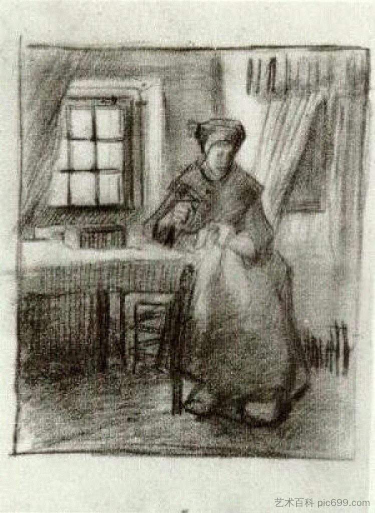 室内有农妇缝纫 Interior with Peasant Woman Sewing (1885; Nunen / Nuenen,Netherlands  )，文森特·梵高