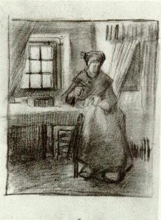 室内有农妇缝纫 Interior with Peasant Woman Sewing (1885; Nunen / Nuenen,Netherlands                     )，文森特·梵高