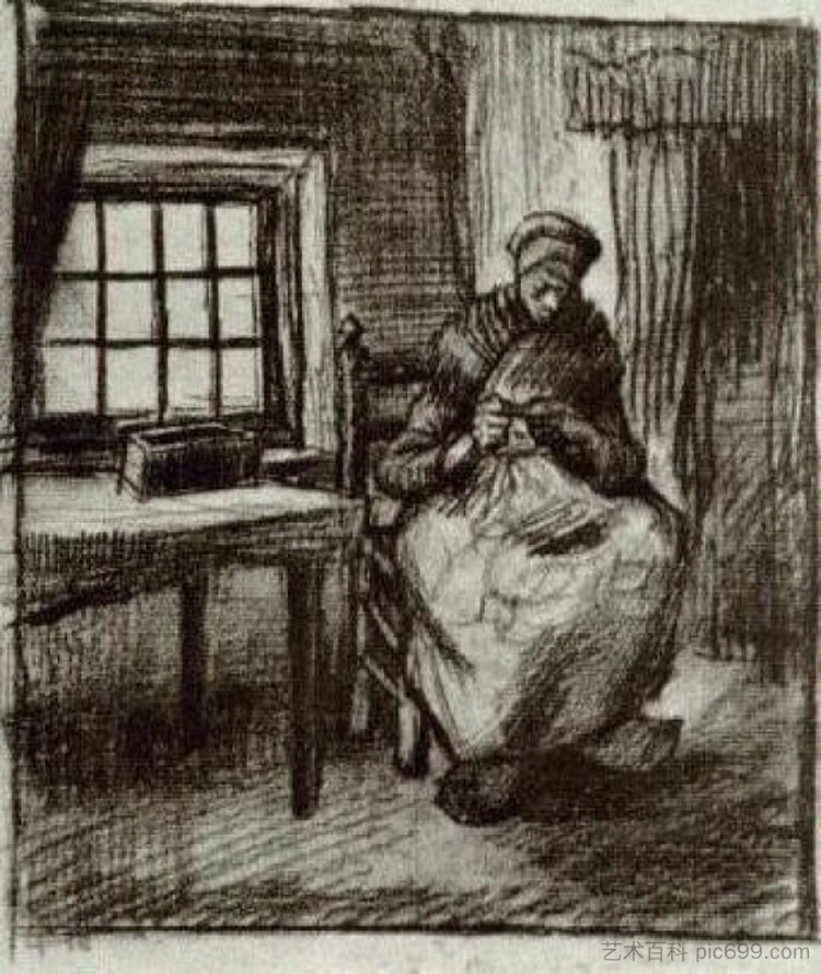 室内有农妇缝纫 Interior with Peasant Woman Sewing (1885; Nunen / Nuenen,Netherlands  )，文森特·梵高