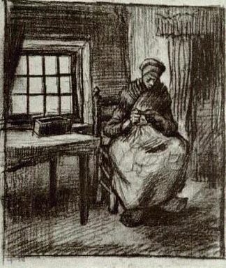 室内有农妇缝纫 Interior with Peasant Woman Sewing (1885; Nunen / Nuenen,Netherlands                     )，文森特·梵高