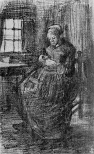 室内有农妇缝纫 Interior with Peasant Woman Sewing (1885; Nunen / Nuenen,Netherlands                     )，文森特·梵高