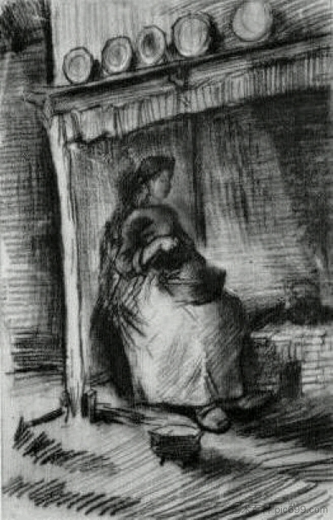 内景，农妇坐在壁炉旁 Interior with Peasant Woman Sitting near the Fireplace (1885; Nunen / Nuenen,Netherlands  )，文森特·梵高