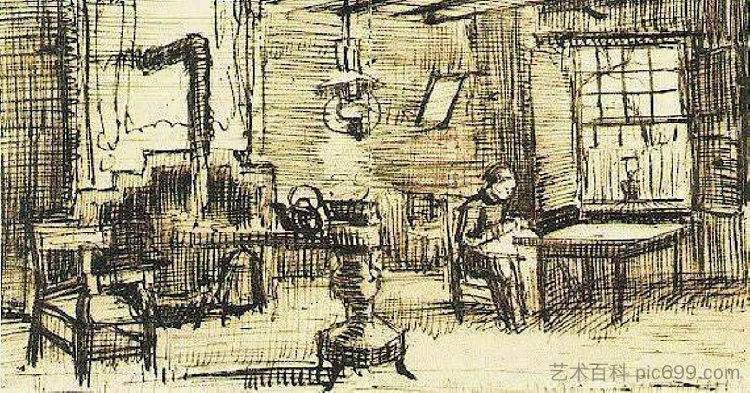 内部与女人缝纫 Interior with Woman Sewing (1884),文森特·梵高