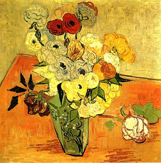 日本花瓶配玫瑰和海葵 Japanese Vase with Roses and Anemones (1890; Auvers-sur-oise,France                     )，文森特·梵高