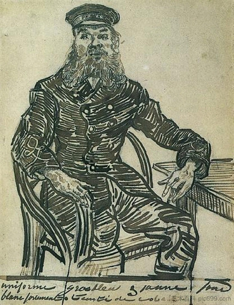 约瑟夫·鲁林，坐在藤椅上，四分之三长 Joseph Roulin, Sitting in a Cane Chair, Three-Quarter-Length (1888; Arles,Bouches-du-Rhône,France  )，文森特·梵高