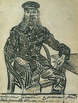 约瑟夫·鲁林，坐在藤椅上，四分之三长 Joseph Roulin, Sitting in a Cane Chair, Three-Quarter-Length (1888; Arles,Bouches-du-Rhône,France                     )，文森特·梵高