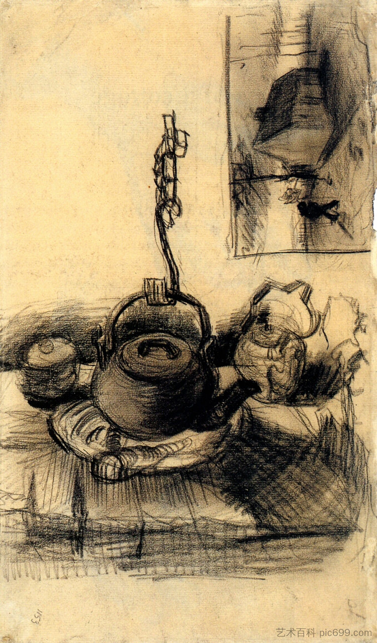 火上有水壶,夜里有小屋 Kettle Over a Fire, and a Cottage by Night (1885; Nunen / Nuenen,Netherlands ),文森特·梵高