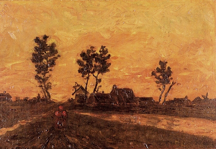日落风景 Landscape at Sunset (1885; Nunen / Nuenen,Netherlands  )，文森特·梵高