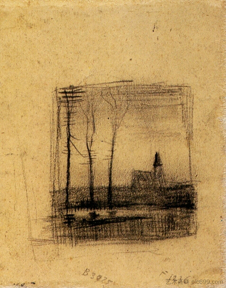 带教堂的风景 Landscape with a Church (1883; Nunen / Nuenen,Netherlands ),文森特·梵高