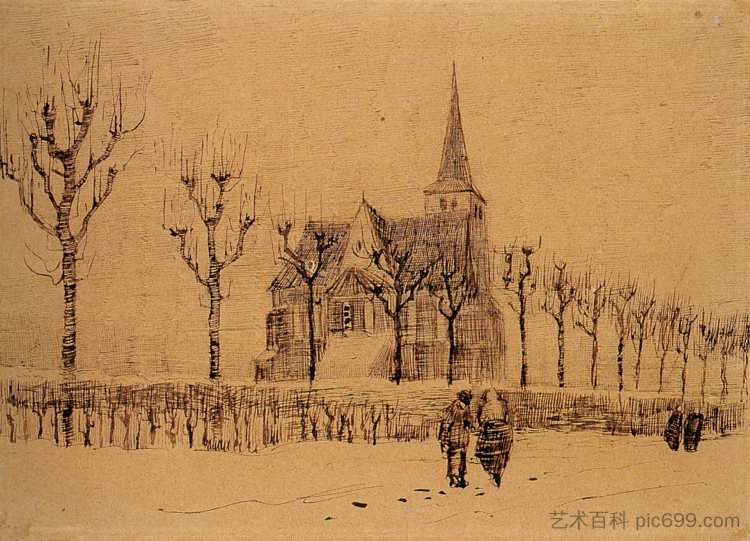 带教堂的风景 Landscape with a Church (1883; Nunen / Nuenen,Netherlands  )，文森特·梵高