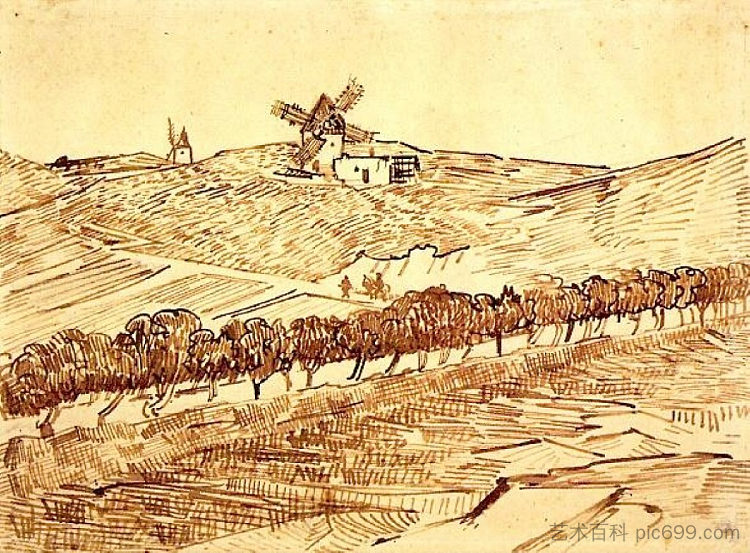 阿尔方斯·道德特风车的风景 Landscape with Alphonse Daudet's Windmill (1888; Arles,Bouches-du-Rhône,France ),文森特·梵高
