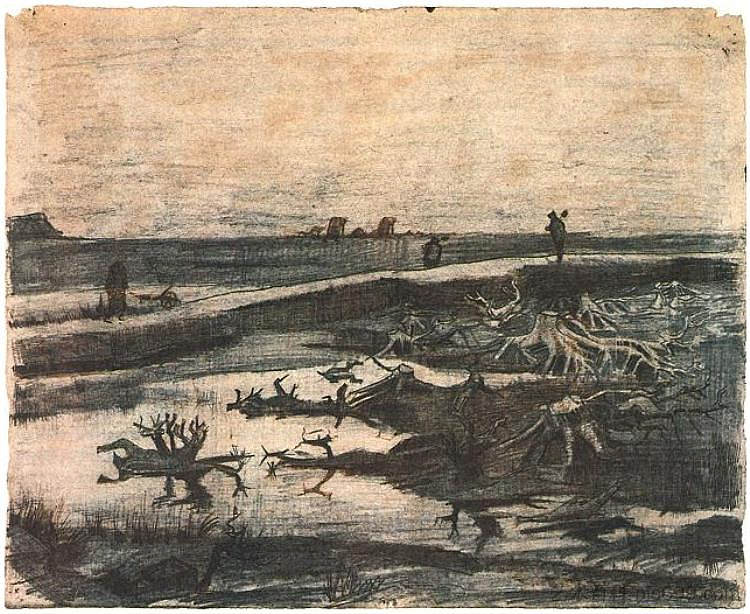 沼泽橡树树干景观 Landscape with Bog-Oak Trunks (1883; Netherlands  )，文森特·梵高