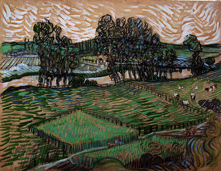 景观与横跨瓦兹河的桥梁 Landscape with Bridge across the Oise (1890; Auvers-sur-oise,France  )，文森特·梵高