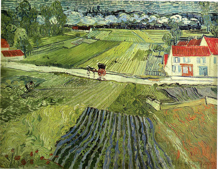 景观与车厢和火车 Landscape with Carriage and Train (1890; Auvers-sur-oise,France  )，文森特·梵高