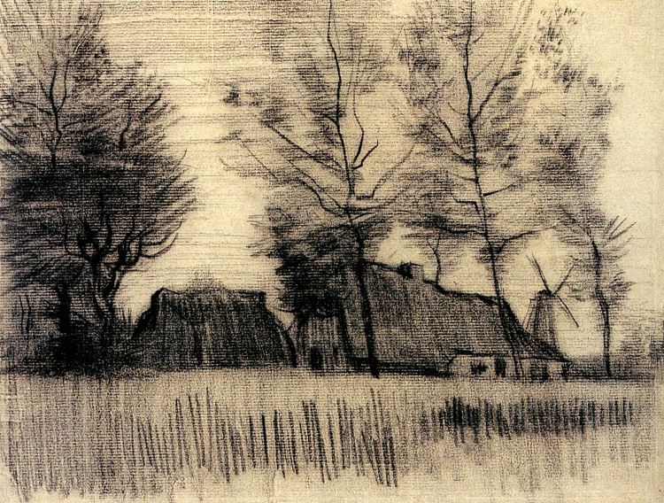 带有小屋和磨坊的景观 Landscape with Cottages and a Mill (1885; Nunen / Nuenen,Netherlands  )，文森特·梵高