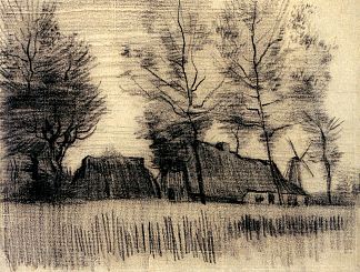 带有小屋和磨坊的景观 Landscape with Cottages and a Mill (1885; Nunen / Nuenen,Netherlands                     )，文森特·梵高