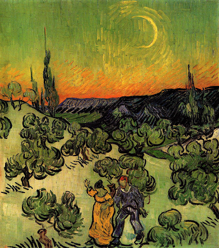 风景与情侣散步和新月亮 Landscape with Couple Walking and Crescent Moon (1890; Saint-rémy-de-provence,France  )，文森特·梵高