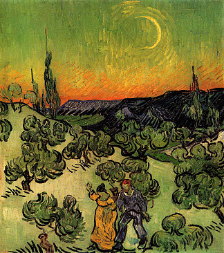 风景与情侣散步和新月亮 Landscape with Couple Walking and Crescent Moon (1890; Saint-rémy-de-provence,France                     )，文森特·梵高