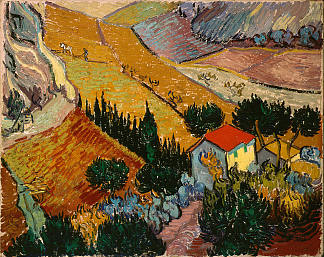 景观与房屋和犁夫 Landscape with House and Ploughman (1889; France                     )，文森特·梵高