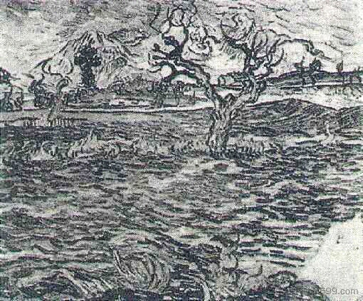 以橄榄树和山脉为背景的景观 Landscape with Olive Tree and Mountains in the Background (1888; Arles,Bouches-du-Rhône,France ),文森特·梵高