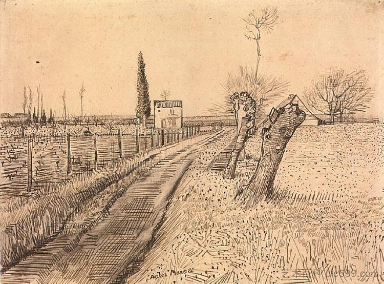 景观与小径和花粉树 Landscape with Path and Pollard Trees (1888; Arles,Bouches-du-Rhône,France  )，文森特·梵高