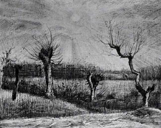 柳树和阳光透过云层的风景 Landscape with Willows and Sun Shining Through the Clouds (1884; Nunen / Nuenen,Netherlands                     )，文森特·梵高