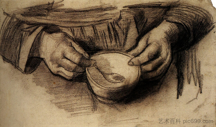 用手和碗围成一圈 Lap with Hands and a Bowl (c.1885; Nunen / Nuenen,Netherlands  )，文森特·梵高