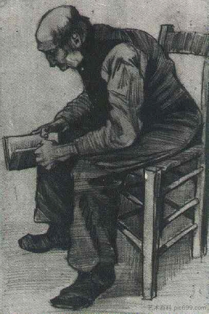 男人，坐着，看书 Man, Sitting, Reading a Book (1882; Haag / Den Haag / La Haye / The Hague,Netherlands  )，文森特·梵高