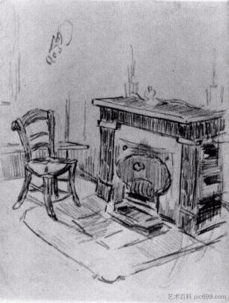 壁炉架与椅子 Mantelpiece with Chair (1890; Saint-rémy-de-provence,France ),文森特·梵高