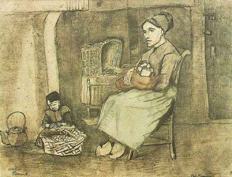 母亲在摇篮旁，孩子坐在地板上 Mother at the Cradle and Child Sitting on the Floor (1881; Netherlands  )，文森特·梵高