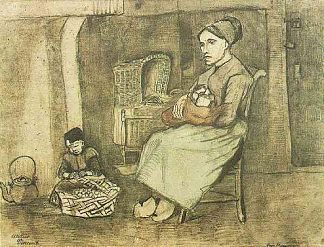 母亲在摇篮旁，孩子坐在地板上 Mother at the Cradle and Child Sitting on the Floor (1881; Netherlands                     )，文森特·梵高