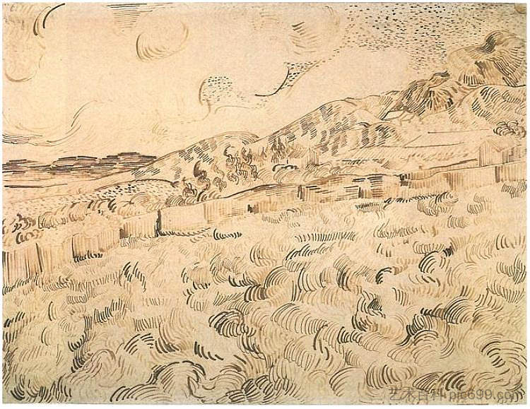 隔墙看到的山地景观 Mountain Landscape Seen across the Walls (1889; Saint-rémy-de-provence,France  )，文森特·梵高