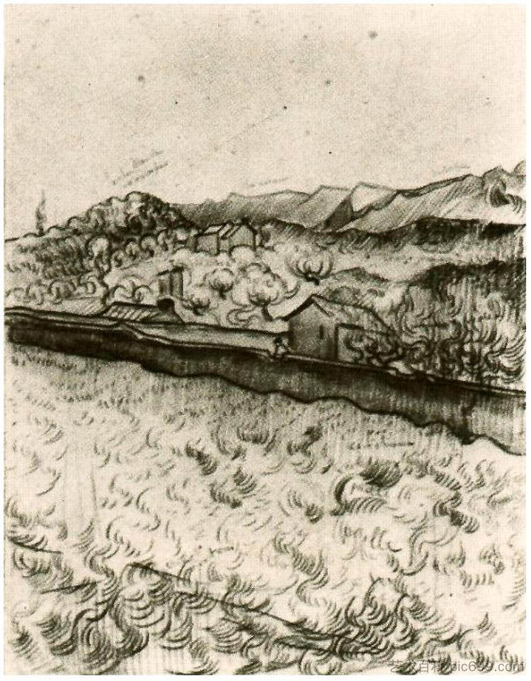 隔墙看到的山地景观 2 Mountain Landscape Seen across the Walls 2 (1889; Saint-rémy-de-provence,France ),文森特·梵高