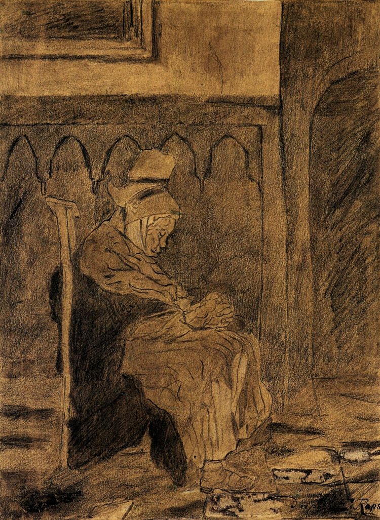 老妇人睡着了 Old Woman Asleep after Rops (1873)，文森特·梵高