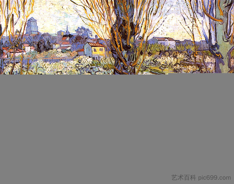 盛开的果园与杨树 Orchard in Bloom with Poplars (1889; Arles,Bouches-du-Rhône,France  )，文森特·梵高