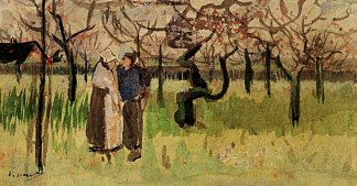 两个人物春天盛开的果园 Orchard in Blossom with Two Figures Spring (1888; Arles,Bouches-du-Rhône,France                     )，文森特·梵高