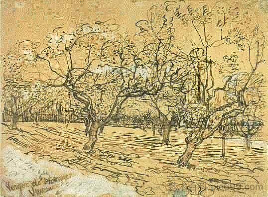 果园与盛开的梅树（白色果园） Orchard with Blossoming Plum Trees (The White Orchard) (1888; Arles,Bouches-du-Rhône,France  )，文森特·梵高