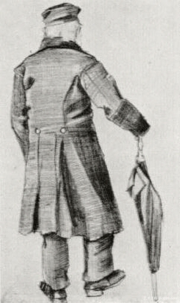 从背后看，穿着长大衣和雨伞的孤儿 Orphan Man with Long Overcoat and Umbrella, Seen from the Back (1882; Haag / Den Haag / La Haye / The Hague,Netherlands  )，文森特·梵高
