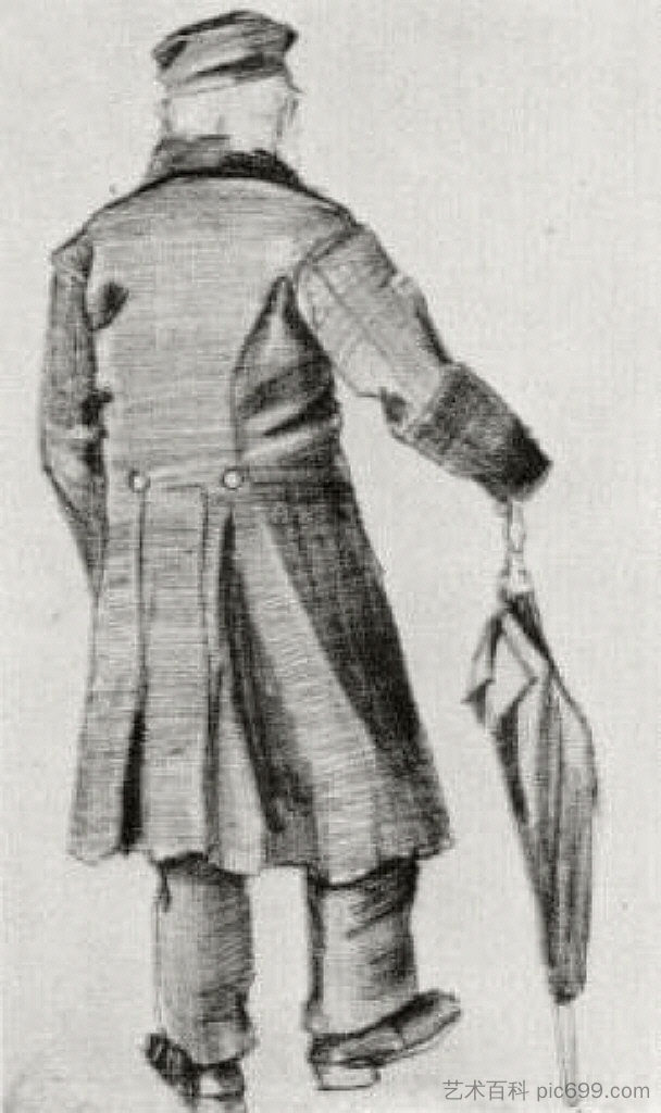 从背后看，穿着长大衣和雨伞的孤儿 Orphan Man with Long Overcoat and Umbrella, Seen from the Back (1882; Haag / Den Haag / La Haye / The Hague,Netherlands  )，文森特·梵高