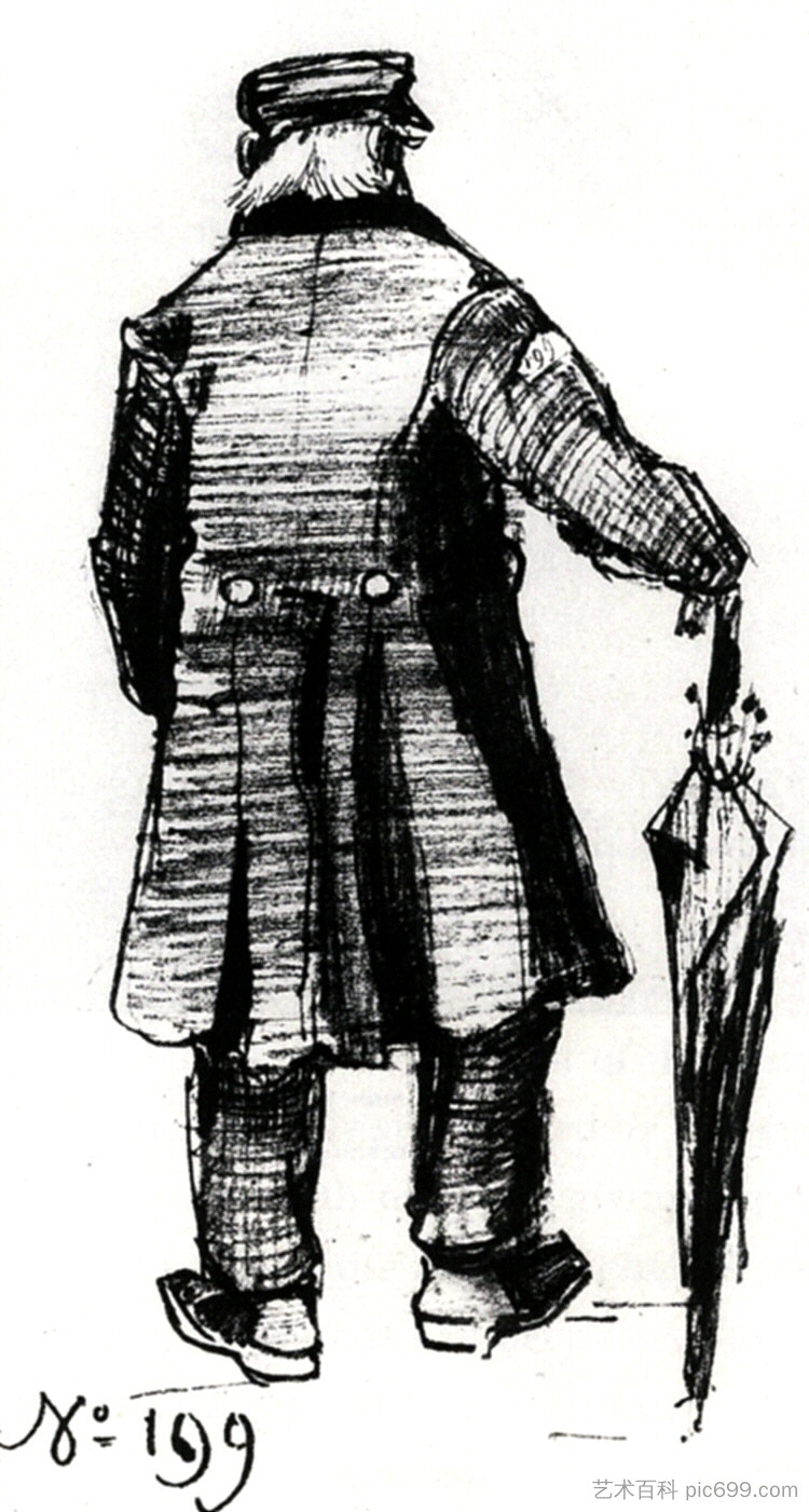 从后面看，穿着长大衣和雨伞的孤儿 Orphan Man with Long Overcoat and Umbrella, Seen from the Back 2 (1882; Haag / Den Haag / La Haye / The Hague,Netherlands  )，文森特·梵高