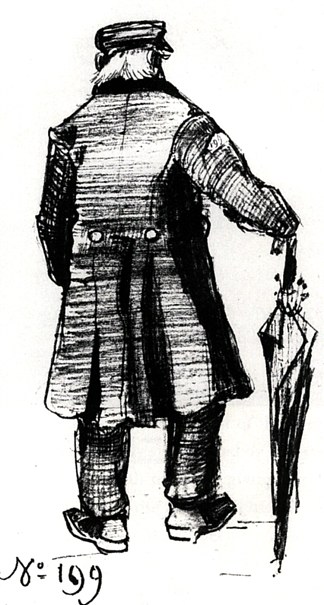 从后面看，穿着长大衣和雨伞的孤儿 Orphan Man with Long Overcoat and Umbrella, Seen from the Back 2 (1882; Haag / Den Haag / La Haye / The Hague,Netherlands                     )，文森特·梵高